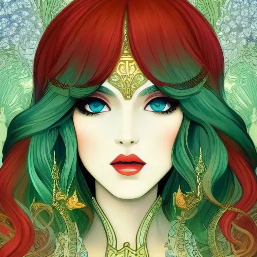 in the style of Art Nouveau, beautiful, trending in artstation, hyperrealistic, symmetrical, detailed, 4k, high resolution, best quality, anime, black african woman, long hair, big wide set eyes, arms, legs, feet, crystal blue, sea green, red, intense stare, whole body, sexy body