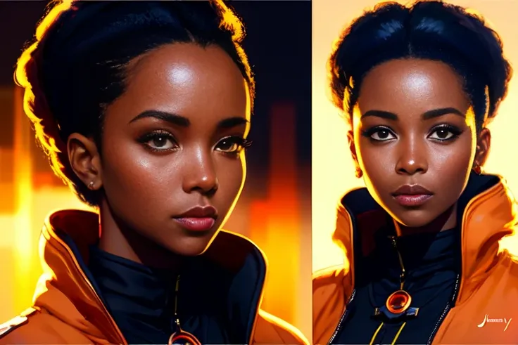 A character turnaround of a modern gorgeous african female girl wearing futuristic clothes, (Multiple views of the same character:1.2), (on the same background:1.1), ((charturnerv2)), modelshoot style, sexy, big eyes, urban tokyo futuristic look, neon lights, night, slow motion, reflections, orange raincoat, intricate detail, nostalgia, heart professional majestic oil painting by Ed Blinkey, Atey Ghailan, Studio Ghibli, by Jeremy Mann, Greg Manchess, Antonio Moro, trending on ArtStation, trending on CGSociety, Intricate, High Detail, Sharp focus, dramatic, photorealistic painting art by midjourney and greg rutkowski