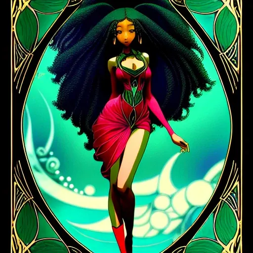 in the style of Art Nouveau, beautiful, trending in artstation, hyperrealistic, symmetrical, detailed, 4k, high resolution, best quality, anime, black african woman, long hair, big wide set eyes, arms, legs, feet, crystal blue, sea green, red, intense stare, whole body, sexy body
