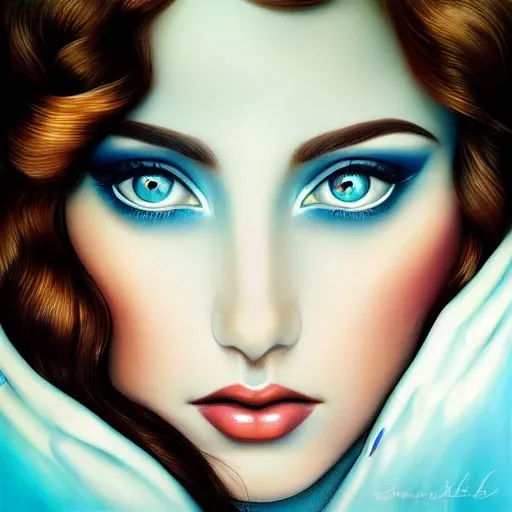 beautiful woman with big wide set eyes, hyperrealistic, Art Nouveau, big eyes, crystal blue, sea green, intense stare
