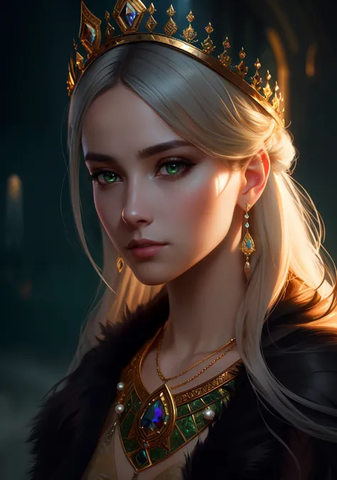 modelshoot style, (extremely detailed CG unity 8k wallpaper), full shot body photo of the most beautiful artwork in the world, english medieval witch, green vale, pearl skin,golden crown, diamonds, medieval architecture, professional majestic oil painting by Ed Blinkey, Atey Ghailan, Studio Ghibli, by Jeremy Mann, Greg Manchess, Antonio Moro, trending on ArtStation, trending on CGSociety, Intricate, High Detail, Sharp focus, dramatic, photorealistic painting art by midjourney and greg rutkowski