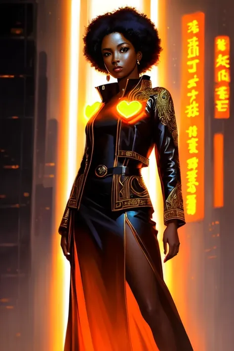 ((full body shot photo of the most beautiful artwork in the world featuring a modern female)), ((pretty African woman)), anime, sexy, big eyes, ((urban tokyo futuristic look)), ((neon lights)), night, slow motion, ((reflections)), (orange raincoat), (((intricate detail))), ((nostalgia)), ((heart professional majestic oil painting by Ed Blinkey)), Atey Ghailan, Studio Ghibli, by Jeremy Mann, Greg Manchess, Antonio Moro,(trending on ArtStation), trending on CGSociety, ((Intricate)), (((High Detail))), ((Sharp focus)), ((soft god rays)), ((dramatic)), photorealistic painting art by midjourney and greg rutkowski
