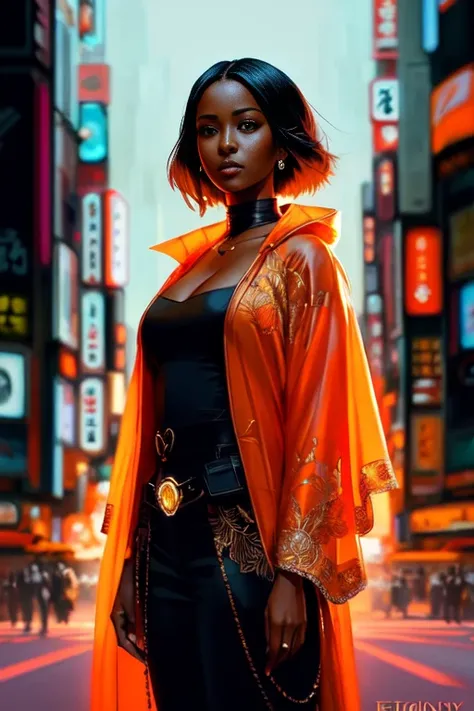 full body shot photo of the most beautiful artwork in the world featuring a modern female, ((pretty African woman)), anime, sexy, big eyes, ((urban tokyo futuristic look)), ((neon lights)), night, slow motion, reflections, orange raincoat, (((intricate detail))), ((nostalgia)), ((heart professional majestic oil painting by Ed Blinkey)), Atey Ghailan, Studio Ghibli, by Jeremy Mann, Greg Manchess, Antonio Moro, trending on ArtStation, trending on CGSociety, Intricate, (((High Detail))), Sharp focus, dramatic, photorealistic painting art by midjourney and greg rutkowski