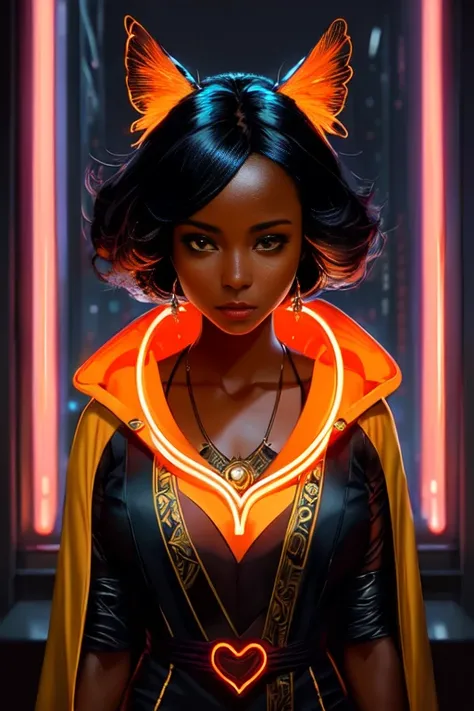 ((full body shot photo of the most beautiful artwork in the world featuring a modern female)), ((beautiful African woman)), anime, sexy, big eyes, ((urban tokyo futuristic look)), ((neon lights)), night, slow motion, ((reflections)), (orange raincoat), (((intricate detail))), ((nostalgia)), ((heart professional majestic oil painting by Ed Blinkey)), Atey Ghailan, Studio Ghibli, by Jeremy Mann, Greg Manchess, Antonio Moro, trending on ArtStation, trending on CGSociety, Intricate, (((High Detail))), ((Sharp focus)), ((dramatic)), photorealistic painting art by midjourney and greg rutkowski
