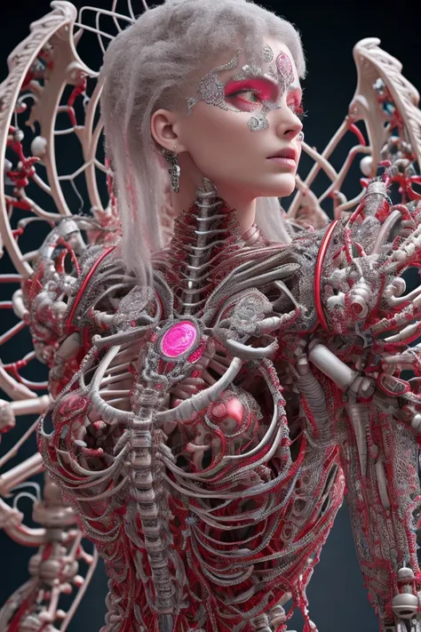 complex 3d render ultra detailed beautiful death angel, biomechanical cyborg, analog 150 mm lens, beautiful natural soft rim light, neon vein, roots, fine foliage lace, colorful details, Boris Bidjan Saberi outfit, pearl earrings, piercing, art nouveau fashion embroidered, intricate details, mesh wire, mandelbrot fractal, facial muscles, cable wires, microchip, badass, hyper realistic, ultra detailed, octane render,  volumetric lighting, 8k post-production, red and white with a bit of black, detailled metalic bones, semi human, iridescent colors, Glenn Brown style, futuristic room, power of the god, high-angle shot, complex body poses