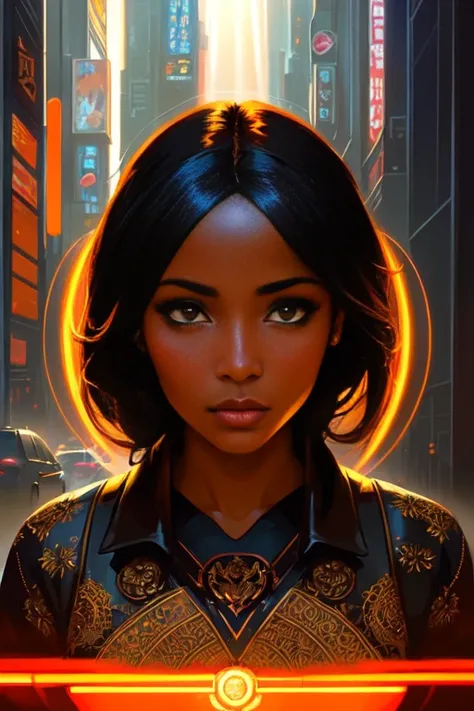 ((full body shot photo of the most beautiful artwork in the world featuring a modern female)), ((pretty African woman)), anime, sexy, big eyes, ((urban tokyo futuristic look)), ((neon lights)), night, slow motion, ((reflections)), (orange raincoat), (((intricate detail))), ((nostalgia)), ((heart professional majestic oil painting by Ed Blinkey)), Atey Ghailan, Studio Ghibli, by Jeremy Mann, Greg Manchess, Antonio Moro,(trending on ArtStation), trending on CGSociety, ((Intricate)), (((High Detail))), ((Sharp focus)), ((god rays)), ((dramatic)), photorealistic painting art by midjourney and greg rutkowski