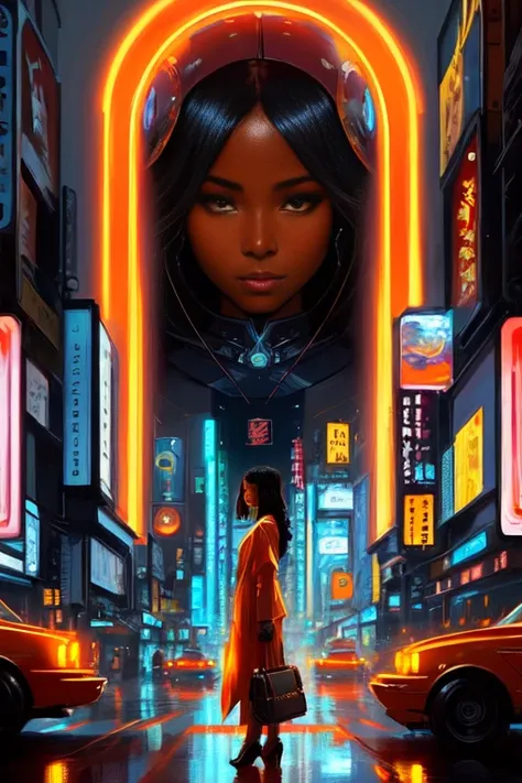 ((full body shot photo of the most beautiful artwork in the world featuring a modern female)), ((beautiful African woman)), anime, sexy, big eyes, ((urban tokyo futuristic look)), ((neon lights)), night, slow motion, ((reflections)), (orange raincoat), (((intricate detail))), ((nostalgia)), ((heart professional majestic oil painting by Ed Blinkey)), Atey Ghailan, Studio Ghibli, by Jeremy Mann, Greg Manchess, Antonio Moro, trending on ArtStation, trending on CGSociety, Intricate, (((High Detail))), ((Sharp focus)), ((dramatic)), photorealistic painting art by midjourney and greg rutkowski
