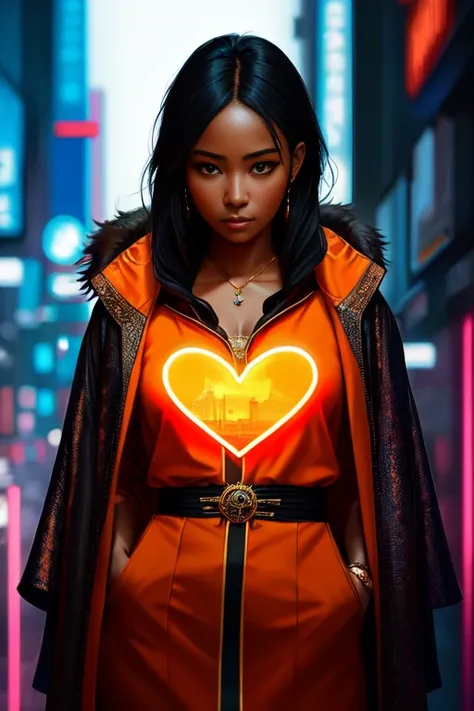 full body shot photo of the most beautiful artwork in the world featuring a modern female,((African women)), sexy, big eyes, urban tokyo futuristic look, neon lights, night, slow motion, reflections, orange raincoat, intricate detail, nostalgia, heart professional majestic oil painting by Ed Blinkey, Atey Ghailan, Studio Ghibli, by Jeremy Mann, Greg Manchess, Antonio Moro, trending on ArtStation, trending on CGSociety, Intricate, High Detail, Sharp focus, dramatic, photorealistic painting art by midjourney and greg rutkowski