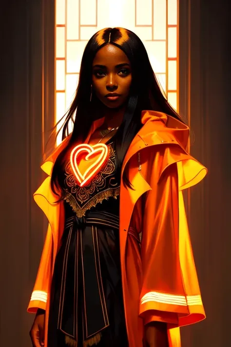 ((full body shot photo of the most beautiful artwork in the world featuring a modern female)), ((pretty African woman)), anime, sexy, big eyes, ((urban tokyo futuristic look)), ((neon lights)), night, slow motion, ((reflections)), (orange raincoat), (((intricate detail))), ((nostalgia)), ((heart professional majestic oil painting by Ed Blinkey)), Atey Ghailan, Studio Ghibli, by Jeremy Mann, Greg Manchess, Antonio Moro,(trending on ArtStation), trending on CGSociety, ((Intricate)), (((High Detail))), ((Sharp focus)), ((soft god rays)), ((dramatic)), photorealistic painting art by midjourney and greg rutkowski