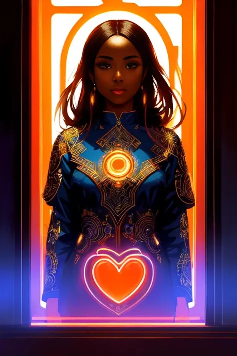 ((full body shot photo of the most beautiful artwork in the world featuring a modern female)), ((pretty African woman)), anime, sexy, big eyes, ((urban tokyo futuristic look)), ((neon lights)), night, slow motion, ((reflections)), (orange raincoat), (((intricate detail))), ((nostalgia)), ((heart professional majestic oil painting by Ed Blinkey)), Atey Ghailan, Studio Ghibli, by Jeremy Mann, Greg Manchess, Antonio Moro,(trending on ArtStation), trending on CGSociety, ((Intricate)), (((High Detail))), ((Sharp focus)), ((soft god rays)), ((dramatic)), photorealistic painting art by midjourney and greg rutkowski