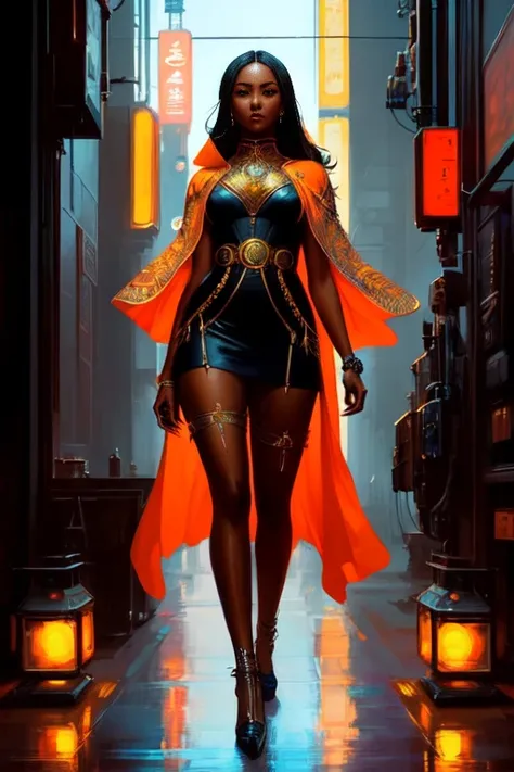((full body shot photo of the most beautiful artwork in the world featuring a modern female)), ((beautiful African woman)), anime, sexy, big eyes, ((urban tokyo futuristic look)), ((neon lights)), night, slow motion, ((reflections)), (orange raincoat), (((intricate detail))), ((nostalgia)), ((heart professional majestic oil painting by Ed Blinkey)), Atey Ghailan, Studio Ghibli, by Jeremy Mann, Greg Manchess, Antonio Moro, trending on ArtStation, trending on CGSociety, Intricate, (((High Detail))), ((Sharp focus)), ((dramatic)), photorealistic painting art by midjourney and greg rutkowski