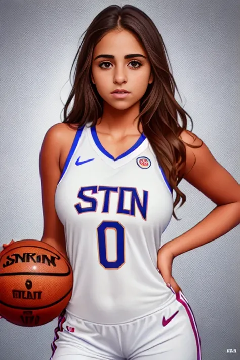 sks woman wearing a basketball jersey without a bra on