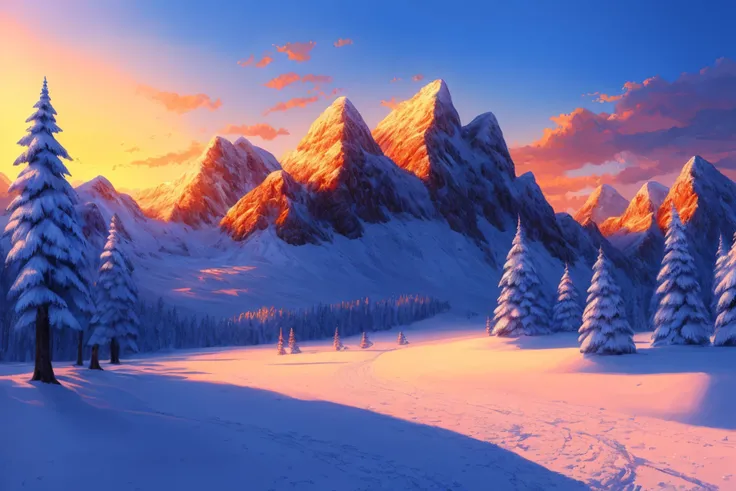 digital painting, landscape, mountains, sunrise, snow, trees, cold, fantasy, beautiful, masterpiece, high quality, highly detailed, intricate detail, 4k, 8k,