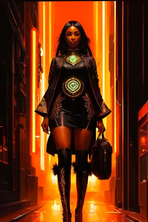 ((full body shot photo of the most beautiful artwork in the world featuring a modern female)), ((beautiful African woman)), anime, sexy, big eyes, ((urban tokyo futuristic look)), ((neon lights)), night, slow motion, ((reflections)), (orange raincoat), (((intricate detail))), ((nostalgia)), ((heart professional majestic oil painting by Ed Blinkey)), Atey Ghailan, Studio Ghibli, by Jeremy Mann, Greg Manchess, Antonio Moro, trending on ArtStation, trending on CGSociety, Intricate, (((High Detail))), ((Sharp focus)), ((dramatic)), photorealistic painting art by midjourney and greg rutkowski