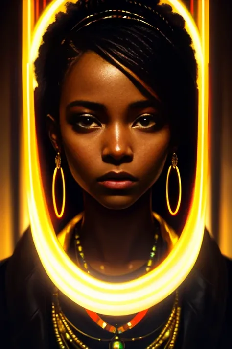 (full body shot photo of the most beautiful artwork in the world featuring a beautiful modern female), ((African woman)), sexy, big eyes, (symmetrical hoop earrings), (urban tokyo futuristic look), (neon lights), night, slow motion, (symmetrical), (reflections), orange raincoat, ((intricate detail)), nostalgia, ((heart professional majestic oil painting by Ed Blinkey)), Atey Ghailan, Studio Ghibli, by Jeremy Mann, Greg Manchess, Antonio Moro, (trending on ArtStation), trending on CGSociety, ((Intricate)), ((High Detail)), (8K), Sharp focus, dramatic, soft god rays, photorealistic painting art by midjourney and greg rutkowski