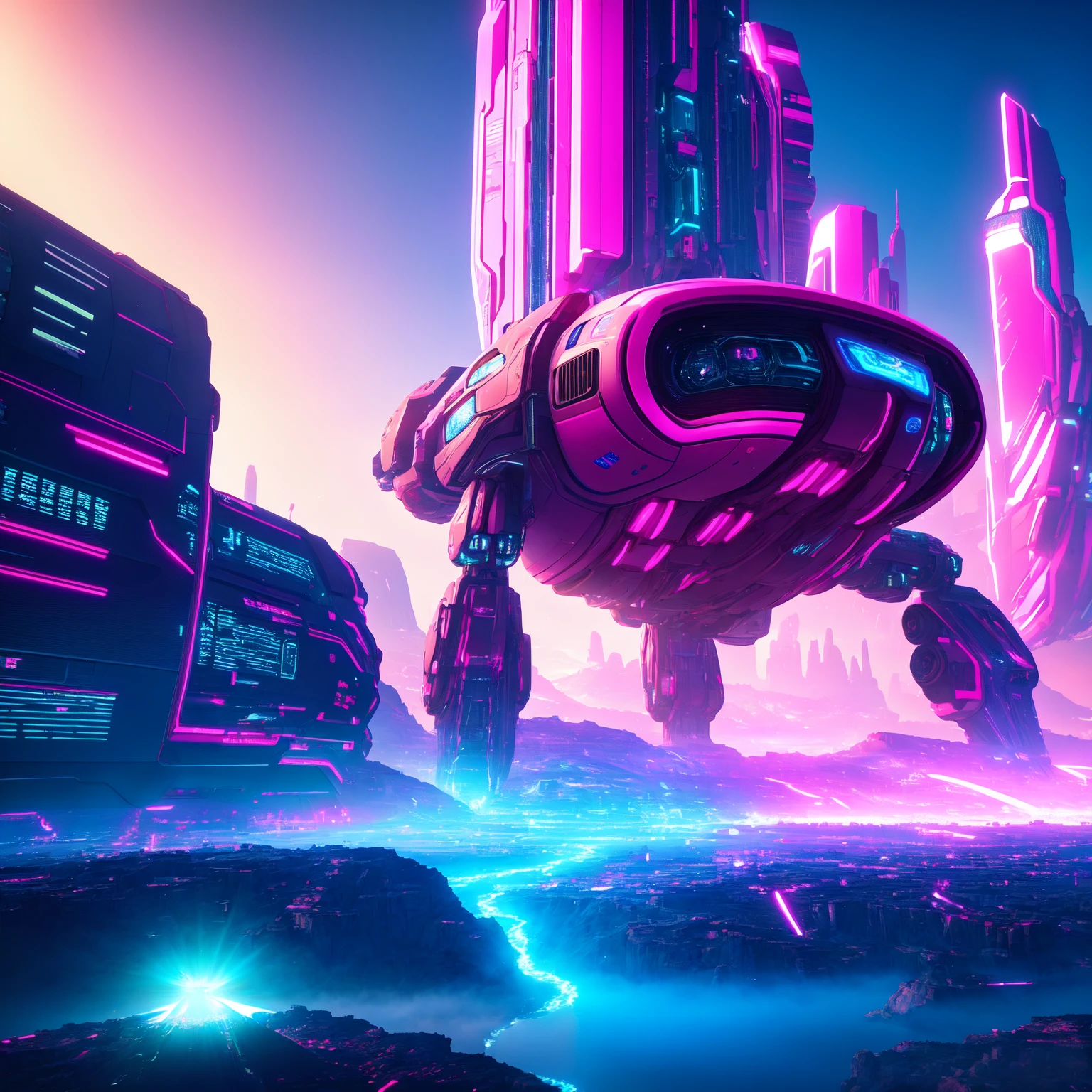 8K, UHD, RAW, hires, (photorealistic:1.4), Cinematic lighting, depth of fields, bloom, glare, lens effects, lens flares, a spaceship havoring on alien planet ,scifi, pink and blue tone, cyberpunk city, low saturation, mega robot destroy the world, <lora:cpbg_v2:0.3>