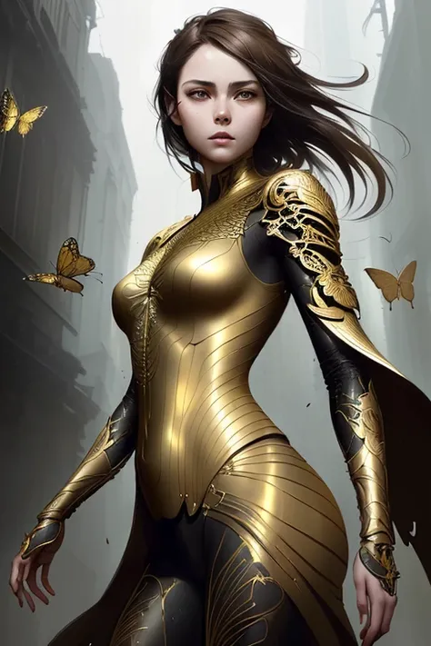 Style-Empire, 8k portrait of beautiful young woman with brown hair, intricate, elegant, highly detailed, majestic, digital photography, art by artgerm ruan jia and greg rutkowski surreal wet paint gold butterfly filigree, broken glass