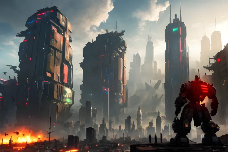 cyberpunk city over run with war, rusty metal, some destroyed buildings, Mech Warrior in middle, Battle Cruiser in the sky in the background, sci-fi, wallpaper, WLOP, professional, highly detailed, perfect lighting; Digital Illustration, Scenic, HDR, UHD, 64k