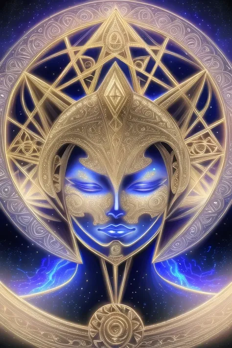 beautiful intricate egyptian goddess face surrounded by (glowing sacred geometry:1.3), (catlike features:1.2), eyes closed, (art by alex grey:1.2), (unreal engine 5:1.4), 8k hd, advanced shading, external light source, glowing chakras, glowing energy, (high contrast:1.1), planets and stars, (highly details, highly intricate:1.7), (ultra realistic:1.1), very colorful, (psychedelic:1.1), extra terrestrial, alien, tribal