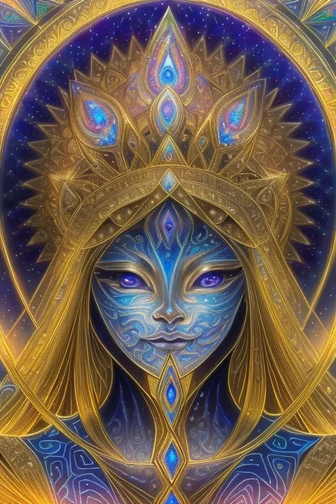 beautiful intricate egyptian goddess face surrounded by (glowing sacred geometry:1.3), (catlike features:1.2), eyes closed, (art by alex grey:1.5), (unreal engine 5:1.4), 8k hd, advanced shading, external light source, glowing chakras, glowing energy, (high contrast:1.1), planets and stars, (highly details, highly intricate:1.7), (ultra realistic:1.1), very colorful, (psychedelic:1.1), (3d rendered art:1.4)