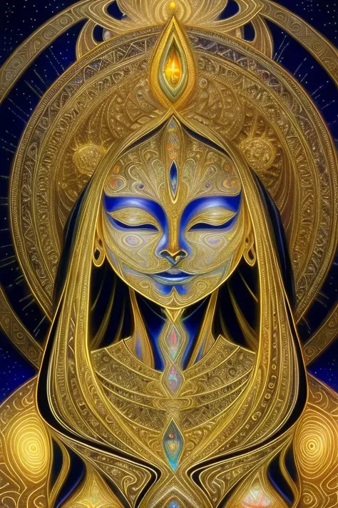 beautiful intricate egyptian goddess face surrounded by (glowing sacred geometry:1.3), (catlike features:1.2), eyes closed, (art by alex grey:1.5), (unreal engine 5:1.4), 8k hd, advanced shading, external light source, glowing chakras, glowing energy, (high contrast:1.1), planets and stars, (highly details, highly intricate:1.7), (ultra realistic:1.1), very colorful, (psychedelic:1.1), extra terrestrial, alien, tribal