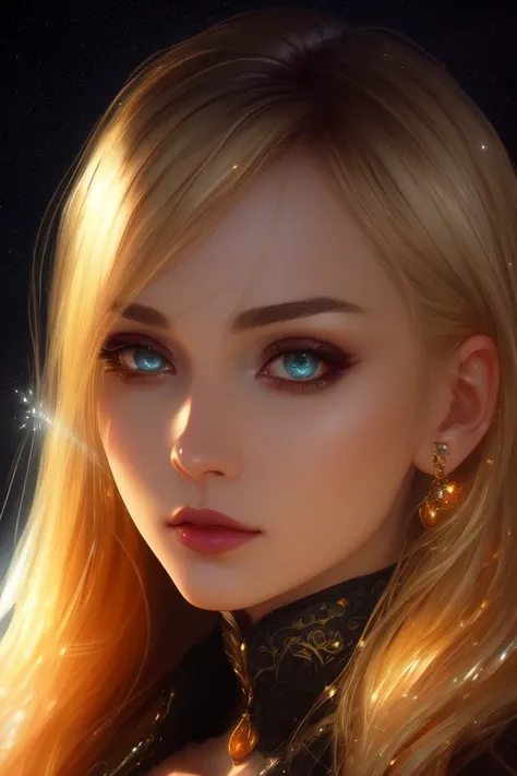 (8k, RAW photo, best quality, masterpiece:1.2), modelshoot style, (dark shot:1.5), Stunningly attractive woman with blonde soft hair, (victorian style:1.2), victorian dress high detailed and intricate, long curly hair, dramatic pose, (soft warm skin with wax effect:1.3), pastel, (glossy lips and the tip of the nose with bright small glare:1.4), (bright highlights:1.6), detailed eyes, (soft volumetric light:1.5), (subsurface scattering:1.5), wax, (night light:1.6), global illumination, Soft Shadows, (dark background with cool lighting:1.0), bokeh, Charlie Bowater, stanley artgerm lau, a detailed painting, fantasy art, artstation, trending on Artstation, art like midjourney and Rutkowski, hyperdetailed, insane details, intricate details, (oil painting:1.5), (digital art:1.5), glare on the corneas of the eyes, round pupils, refraction, screen space reflections, screen space ambient occlusion, (hdr:1.4), full body shot, (gold jewelry with amber gems:1.1)
