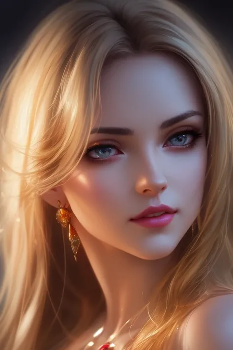 (8k, RAW photo, best quality, masterpiece:1.2), modelshoot style, (dark shot:1.5), Stunningly attractive woman with blonde soft hair, (victorian style:1.2), victorian dress high detailed and intricate, long curly hair, dramatic pose, (soft warm skin with wax effect:1.3), pastel, (glossy lips and the tip of the nose with bright small glare:1.4), (bright highlights:1.6), detailed eyes, (soft volumetric light:1.5), (subsurface scattering:1.5), wax, (night light:1.6), global illumination, Soft Shadows, (dark background with cool lighting:1.0), bokeh, Charlie Bowater, stanley artgerm lau, a detailed painting, fantasy art, artstation, trending on Artstation, art like midjourney and Rutkowski, hyperdetailed, insane details, intricate details, (oil painting:1.5), (digital art:1.5), glare on the corneas of the eyes, round pupils, refraction, screen space reflections, screen space ambient occlusion, (hdr:1.4), full body shot, (gold jewelry with amber gems:1.1)