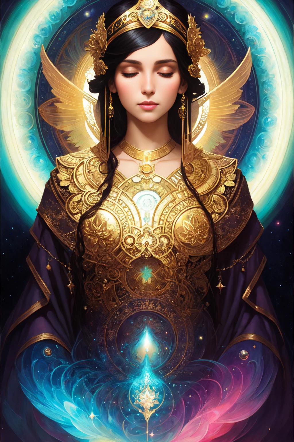 a beautiful latin woman, full body, looking at viewer, symmetric, eyes closed, slight smile, spirtual awakening, intricate details,
cosmic, ethereal, mystical, complicated environment, brush stokes, illuminating lights,
Greg Rutkowski, RHADS, Beeple, Makoto Shinkai, Lois van Baarle, Ilya Kuvshinov, Rossdraws, Tom Bagshaw, Alfonse Mucha,
masterpiece, ultra high res, high quality,