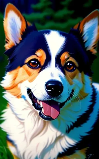 close up portrait of a happy corgi dog, dark background, anime style, ghibli studio style, highly detailed, professional majestic oil painting by Ed Blinkey, Atey Ghailan, Studio Ghibli, by Jeremy Mann, Greg Manchess, Antonio Moro, trending on ArtStation, trending on CGSociety, Intricate, High Detail, Sharp focus, dramatic, photorealistic painting art by midjourney and greg rutkowski