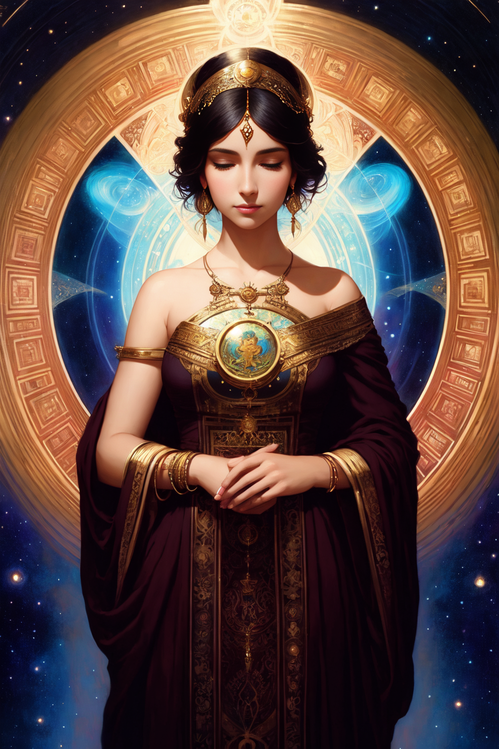 A woman in a dress with a gold crown and a blue star - SeaArt AI