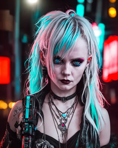 professional upper body photo of an icelandic woman, cyberpunk, wearing  jewelry, carnival at night, moody, atmospheric, cinematic lighting, photographed on a sony a9 II camera, 8k