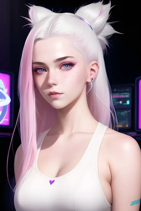 full shot body photo of the most beautiful artwork in the world featuring (a girl name with white hair) in (Mewtwo Edit Studio) (Cyberpunk 2077),pink cyberpunk hair, freckles, nostalgia, sexy, heart professional majestic oil painting by Ed Blinkey, Atey Ghailan, Studio Ghibli, by Jeremy Mann, Greg Manchess, Antonio Moro, trending on ArtStation, trending on CGSociety, Intricate, High Detail, Sharp focus, dramatic, photorealistic painting art by midjourney and greg rutkowski, Shirtlift,