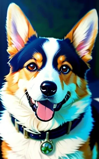 close up portrait of a happy corgi dog, dark background, anime style, ghibli studio style, highly detailed, professional majestic oil painting by Ed Blinkey, Atey Ghailan, Studio Ghibli, by Jeremy Mann, Greg Manchess, Antonio Moro, trending on ArtStation, trending on CGSociety, Intricate, High Detail, Sharp focus, dramatic, photorealistic painting art by midjourney and greg rutkowski