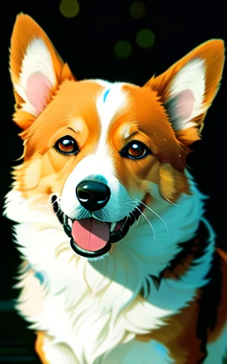 close up portrait of a happy corgi dog, dark background, anime style, ghibli studio style, highly detailed, professional majestic oil painting by Ed Blinkey, Atey Ghailan, Studio Ghibli, by Jeremy Mann, Greg Manchess, Antonio Moro, trending on ArtStation, trending on CGSociety, Intricate, High Detail, Sharp focus, dramatic, photorealistic painting art by midjourney and greg rutkowski