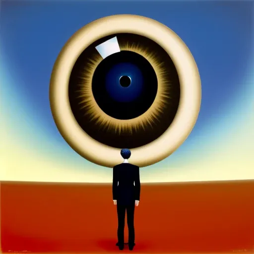 A surrealist painting of a person standing in front of a giant eye that is looking back at them.