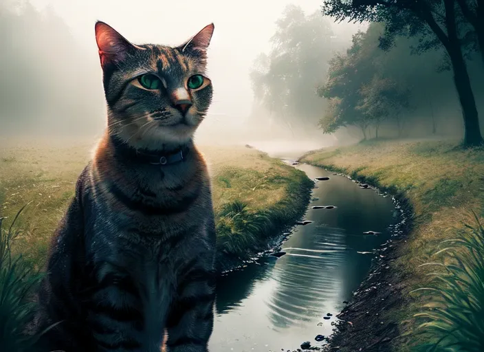 closeup portrait of nkoctst cat in a misty field touching a stream, dream landscape, simulation, physical particles, translucence, cinematic lighting, iridescence, digital painting, ((by ash thorp))