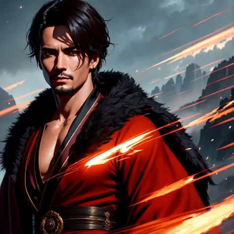 modelshoot style, (extremely detailed CG unity 8k wallpaper), full shot body photo of the most handsome artwork in the world, ((1man)), black and red magician robe, masculine, good jawline, professional majestic oil painting by Ed Blinkey, Atey Ghailan, Studio Ghibli, by Jeremy Mann, Greg Manchess, Antonio Moro, trending on ArtStation, trending on CGSociety, Intricate, High Detail, Sharp focus, dramatic, photorealistic painting art by midjourney and greg rutkowski