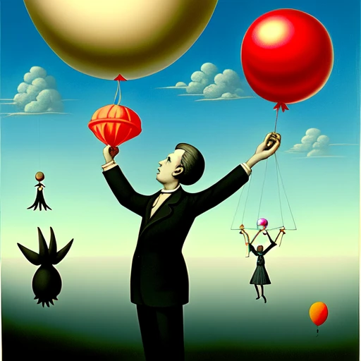A surrealist painting of a person holding a balloon that is lifting them up into the sky, with strange creatures and objects floating around them.