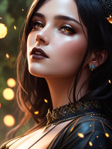 modelshoot style, (extremely detailed CG unity 8k wallpaper), (medium shot photo:1.2) of the most beautiful artwork in the world featuring a (gothic wizzard woman:1.2) infront of a gorgeous glowing forest full of fireflies flying around, 35mm lens, f/1.8, clear facial features, (cinematic action scene:1.2), accent lighting, global illumination, trending on ArtStation, trending on CGSociety, Intricate, High Detail, Sharp focus, dramatic, photorealistic painting by greg rutkowski