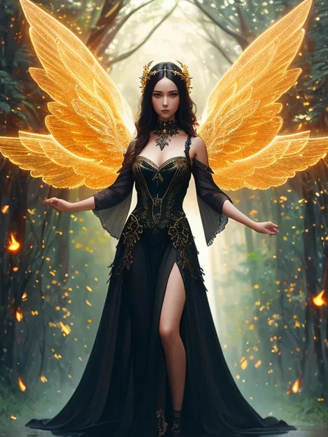 modelshoot style, (medium shot photo:1.2) of the most beautiful artwork in the world featuring a (gothic angel woman:1.2) infront of a gorgeous glowing forest full of fireflies flying around, (large detailed wings:1.1), (golden force:1.1), (dark force:1.1), 35mm lens, f/1.8, clear facial features, (cinematic action scene:1.2), complex pose, accent lighting, global illumination, trending on ArtStation, trending on CGSociety, Intricate, High Detail, Sharp focus, (dramatic:1.1), photorealistic painting art by midjourney and greg rutkowski