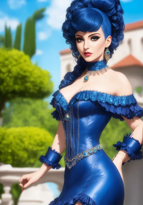 a woman doing cosplay of a character from a 1985 cartoon rock band named "Diamond and the Karats", ( italian) with bouffant dark blue colored hair, various hairstyles, various different beautiful faces, fancy 1980's detailed outfits, lace, ruffles, sequins, diamonds, patterns, leather, jewelry, highly detailed, high heels, bright makeup, posing outside of a mansion, realistic, 8k