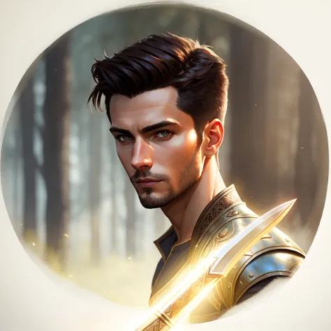 Portrait,photorealistic photo of a handsome young 1male ranger, brown leather armor, short dark hair, fully clothed, perfect face, handsome, (perfect composition:1.4), deviantart hd, artstation hd, concept art, detailed face and body, award-winning photography, margins, detailed face, detailed hands,,backlight, 12k ultrarealistic, ray tracing, intense gaze, looking at the viewer, cinematic lighting, art by Grzegorz Rutkowski, holding a small magic dagger,