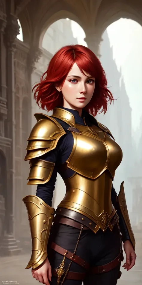 modelshoot style, (extremely detailed CG unity 8k wallpaper), full shot body photo of the most beautiful artwork in the world, medieval armor, professional majestic oil painting by Ed Blinkey, Atey Ghailan, Studio Ghibli, by Jeremy Mann, Greg Manchess, Antonio Moro, trending on ArtStation, trending on CGSociety, Intricate, High Detail, Sharp focus, dramatic, photorealistic painting art by midjourney and greg rutkowski, upper body, face, red armour, short hair,  golden hair, lots of details, masterpiece, 8k, beautiful girl, middle ages，
