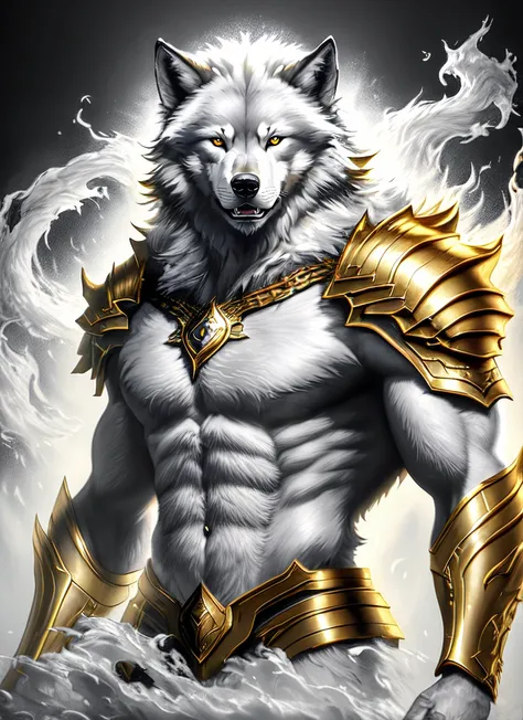 Beautiful cinematic realistic (oil painting:1.1) of a handsome (werewolf guardian , (samoyed:0.8)) , emerging, descending from ( a big misty dark ink splash on paper , silver and golden paint splash, dynamic lighting), hires, 8k, big detailed clear silver eyes, detailed body armor, 4 fingers, anthropomorphic,
