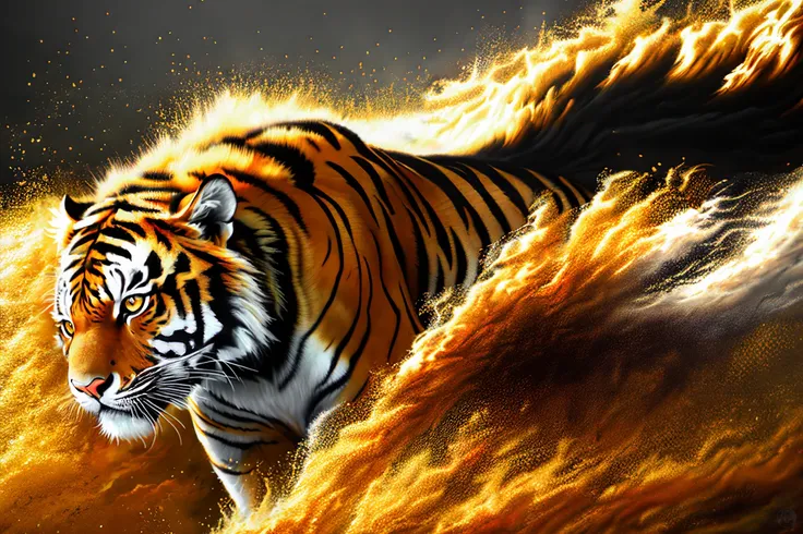 Beautiful dynamic realistic (oil painting:1.1) of a fierce tiger, jumping out of ( a big abstract smoky ink splash on paper, black and golden smoke, dynamic shadows), hires, 8k