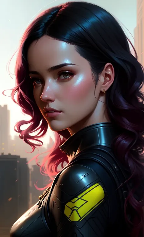 girl, futuristic tactical body suit, eye contact, beautiful woman, long curly blue and pink hair, sexy, attractive, (backlighting), realistic, masterpiece, highest quality, [[chromatic aberration]], by Jeremy Lipking, by Antonio J. Manzanedo, digital painting, model shoot style, (extremely detailed CG unity 8k wallpaper), professional majestic oil painting by Ed Blinkey, Atey Ghailan, by Jeremy Mann, Greg Manchess, Antonio Moro, trending on ArtStation, trending on CGSociety, Intricate, High Detail, Sharp focus, dramatic, photorealistic,
