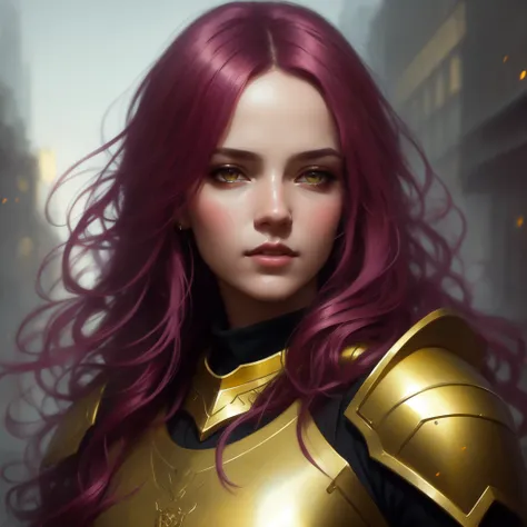 girl, golden armor, eye contact, beautiful woman, long curly pink hair, (backlighting), realistic, masterpiece, highest quality, [[chromatic aberration]], by Jeremy Lipking, by Antonio J. Manzanedo, digital painting, modelshoot style, (extremely detailed CG unity 8k wallpaper), professional majestic oil painting by Ed Blinkey, Atey Ghailan, by Jeremy Mann, Greg Manchess, Antonio Moro, trending on ArtStation, trending on CGSociety, Intricate, High Detail, Sharp focus, dramatic, photorealistic,