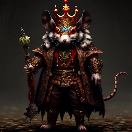 Fantasy image of intricate horror rat king, crown, critter, animal, horror, full body view, fantasy style, illustration, uhd, 8k, raytracing,