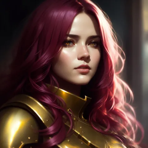 girl, golden armor, eye contact, beautiful woman, long curly pink hair, (backlighting), realistic, masterpiece, highest quality, [[chromatic aberration]], by Jeremy Lipking, by Antonio J. Manzanedo, digital painting, modelshoot style, (extremely detailed CG unity 8k wallpaper), professional majestic oil painting by Ed Blinkey, Atey Ghailan, by Jeremy Mann, Greg Manchess, Antonio Moro, trending on ArtStation, trending on CGSociety, Intricate, High Detail, Sharp focus, dramatic, photorealistic,