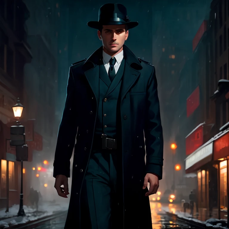 (masterpiece,best quality: 1.2), detailed face, (muted colours:1.2, dark studio, rim lighting, two tone lighting, dimly lit, low key, <lora:epiNoiseoffset_v2:1>),
a poster for a 1930s \(style\), noir detective movie,(noir atmosphere:1), gloomy atmosphere, emphasis on noir colors,
the 1930s (/style/),detective put on his coat and headed out into the cold night air, ready to follow the clues wherever they led,
trending on ArtStation, trending on CGSociety, Intricate, High Detail, dramatic, photorealistic painting art by midjourney and greg rutkowski,